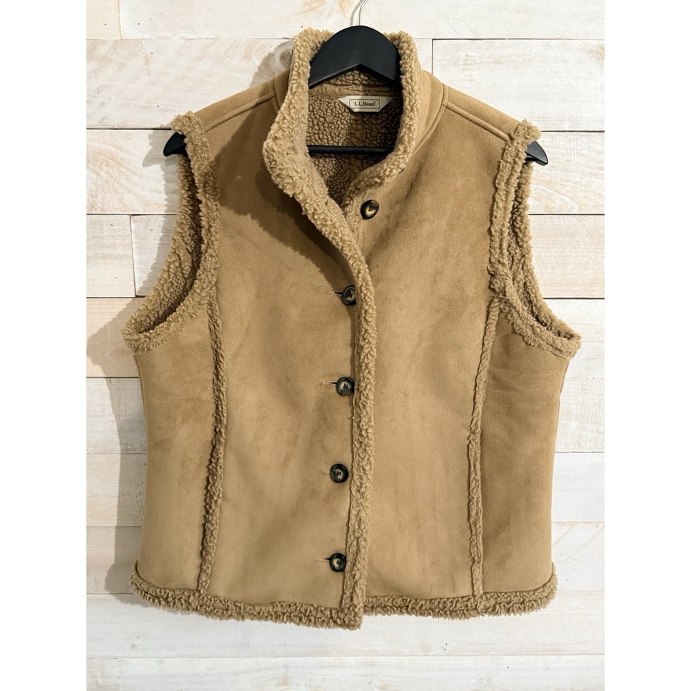 L.L. Bean Vest Womens L Brown Faux Suede Sherpa Lined Button Front Western